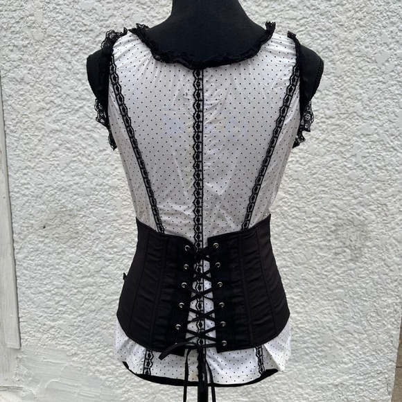 Tripp‎ NYC Vtg y2k Black White Polka Dot Corset Top Women's Size Small Lace Trim - Picture 5 of 12